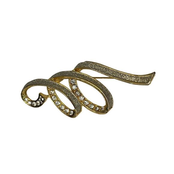 Gold Ribbon Bow Brooch Clear Rhinestones Pin Pave Vintage Statement Piece - Picture 4 of 5